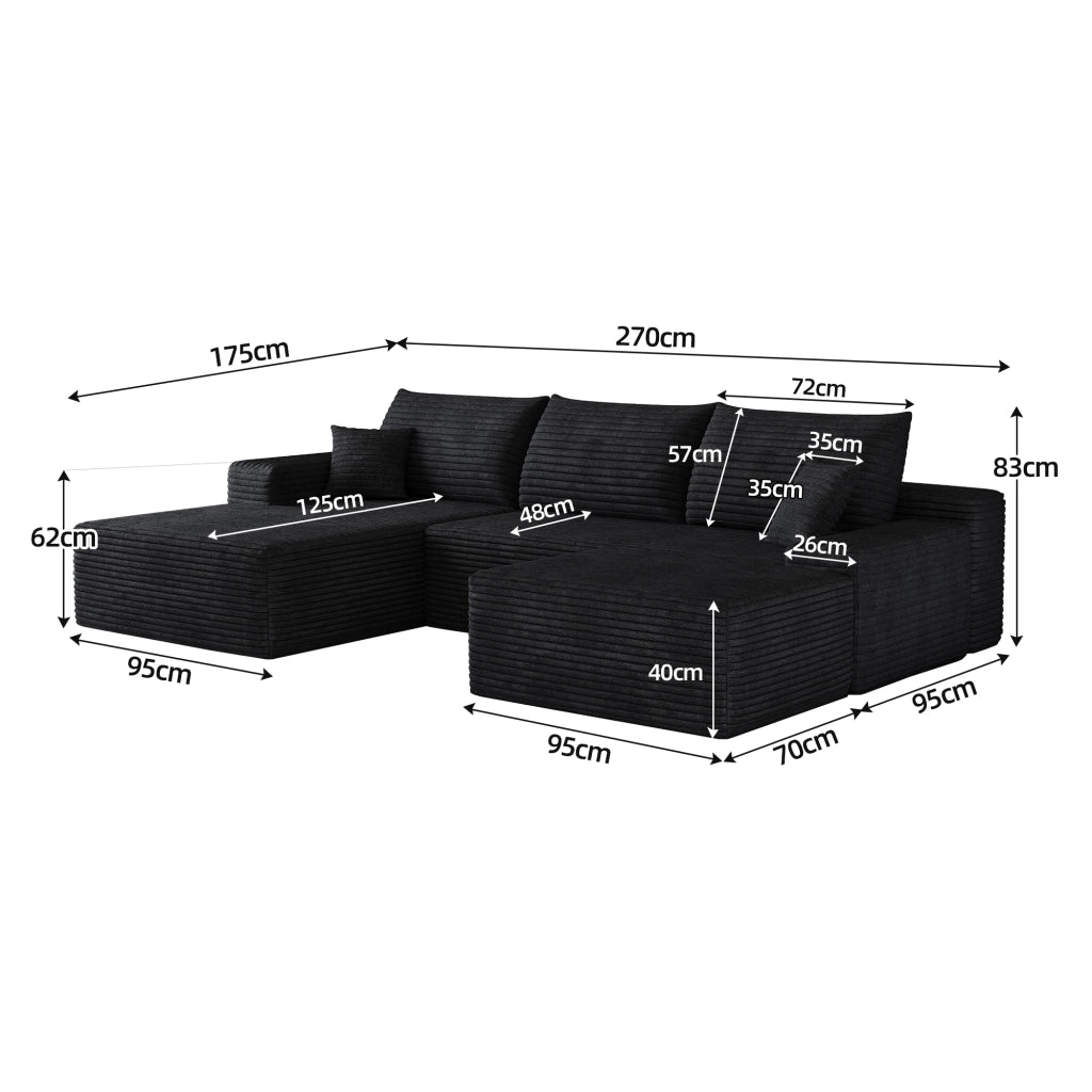 Divano angolare modulare in tessuto a coste con seduta profonda e schiuma elastica nero 270 × 175 × 83 cm