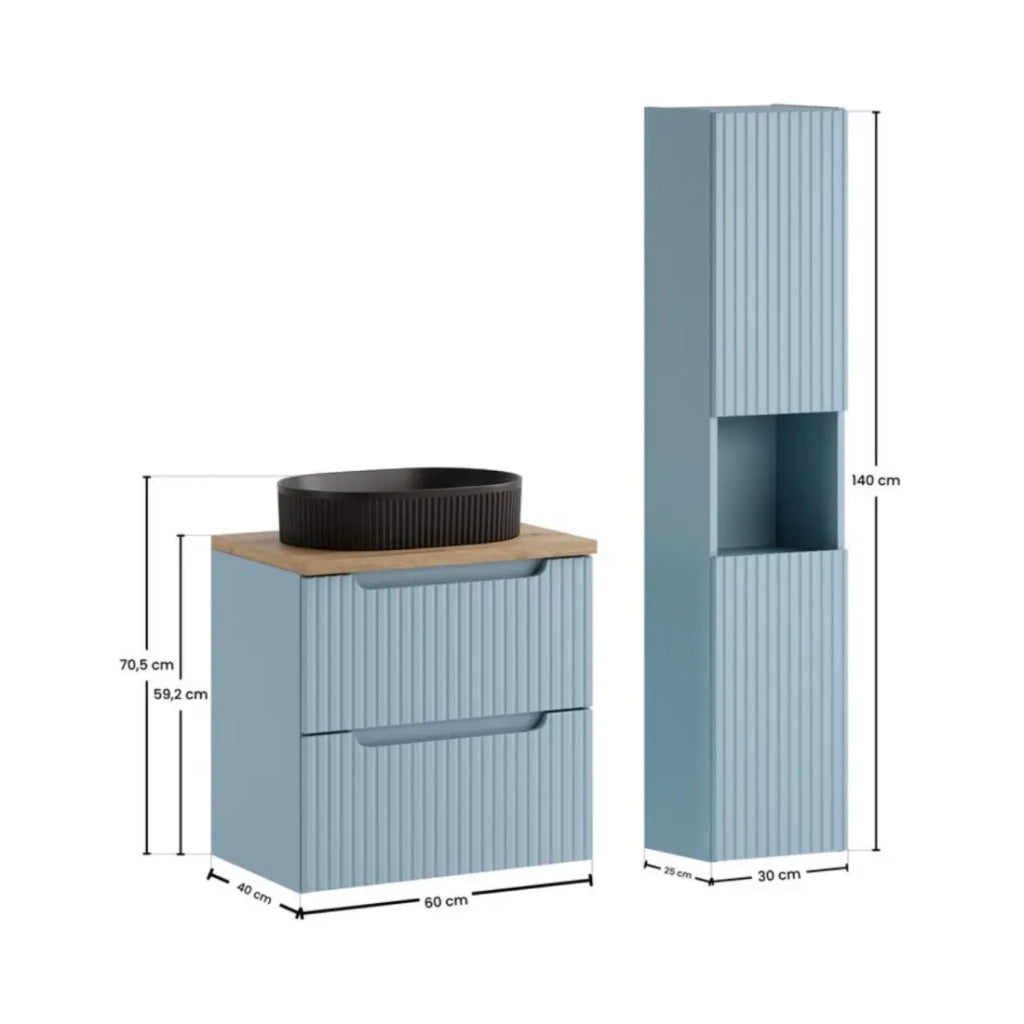 Insieme VANO blu denim e rovere chiaro 90cm: mobile sottolavabo con cassetti + piano per lavabo + lavabo da appoggio nero + colonna