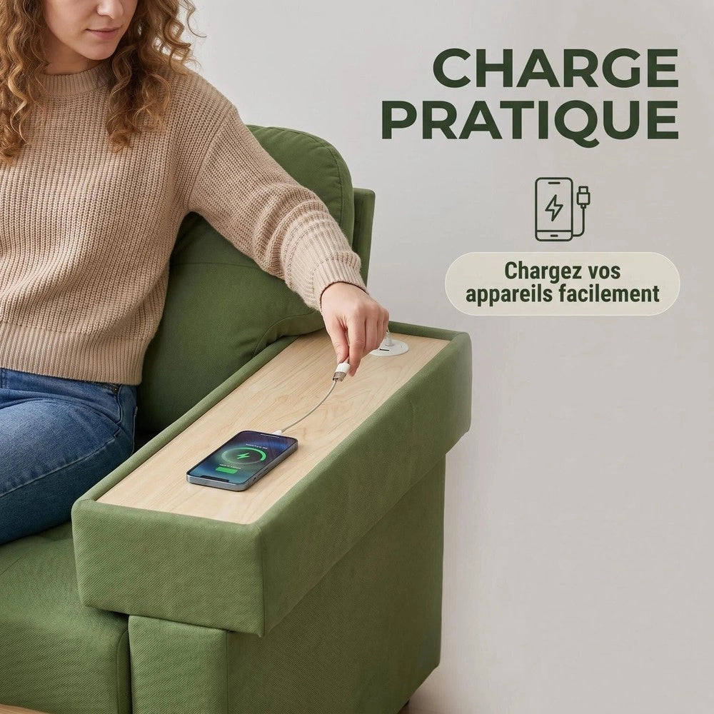 Divano Angolare 3 Posti con Penisola Estraibile ¨C MINIMAL ¨C Velluto Verde, Contenitore, Braccioli in Legno