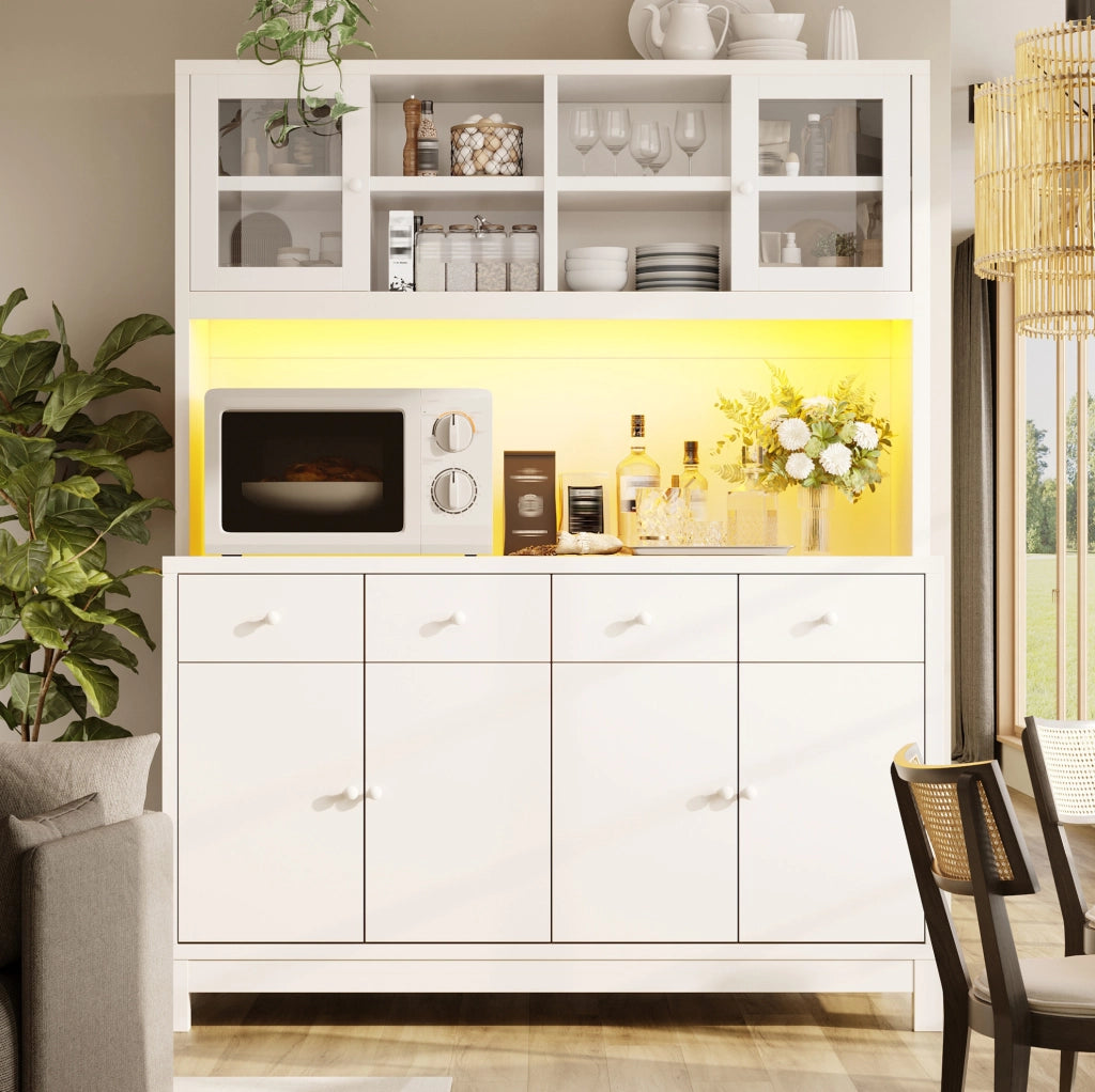 Credenza alta bianca con LED RGB, ante in vetro e 4 cassetti