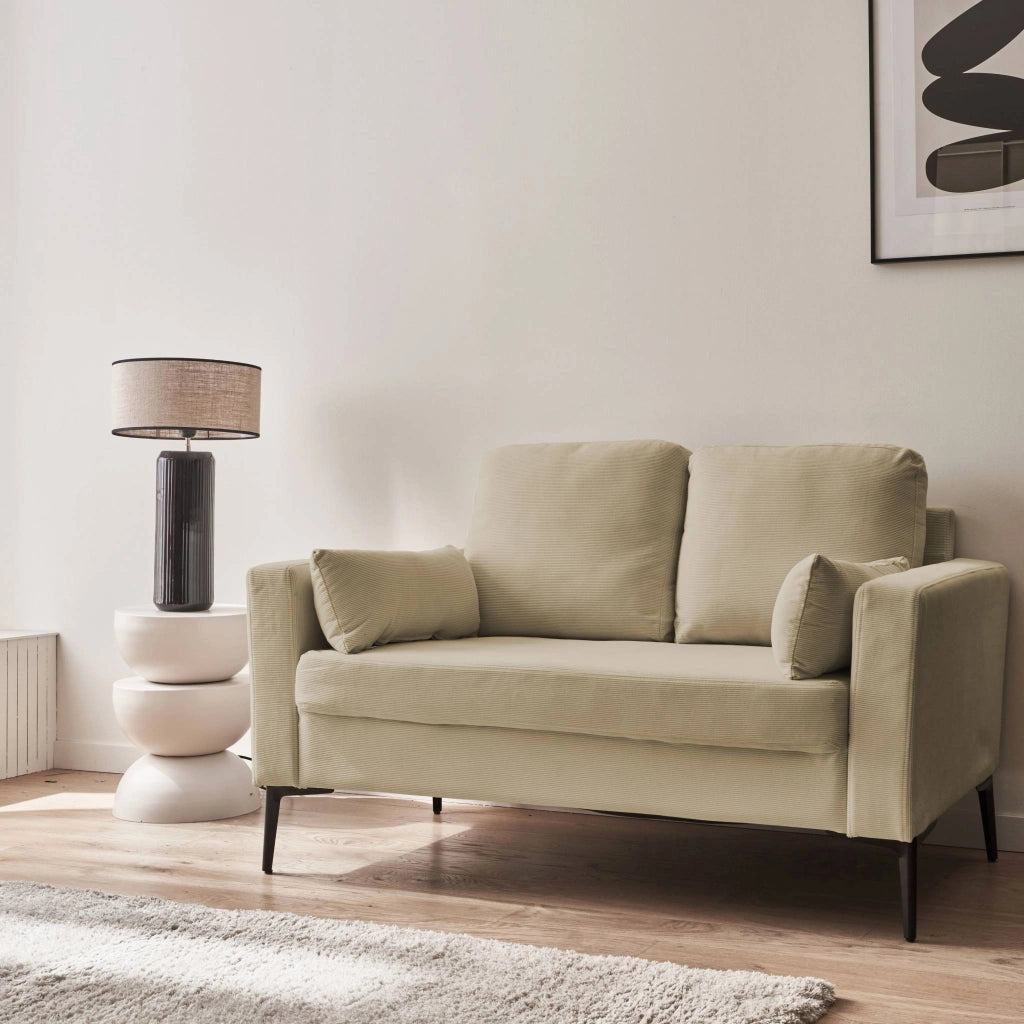 Divano in velluto a coste con gambe in metallo, 2 posti, beige grigio