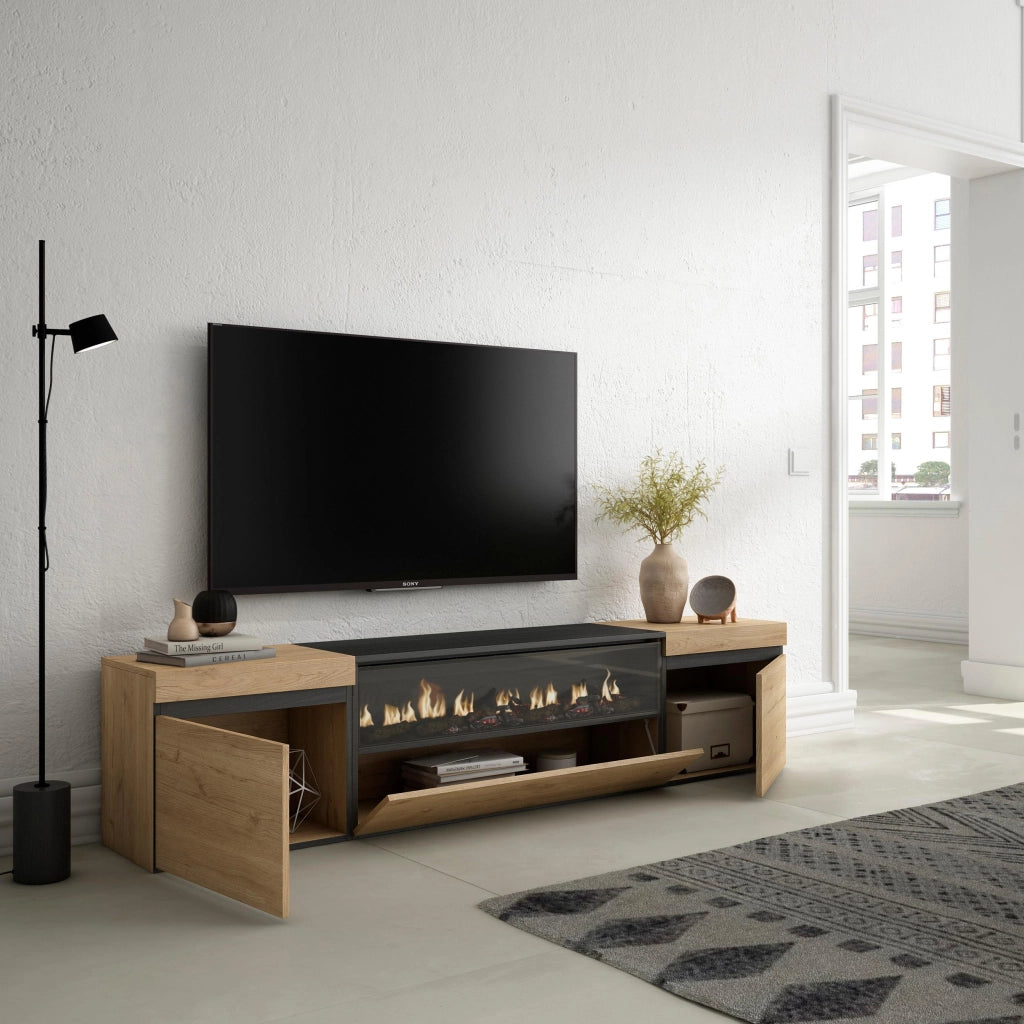 Mobile TV, 200x35x45cm, soggiorno, Per TV fino a 80", Camino elettrico, colore Rovere e nero RF2151