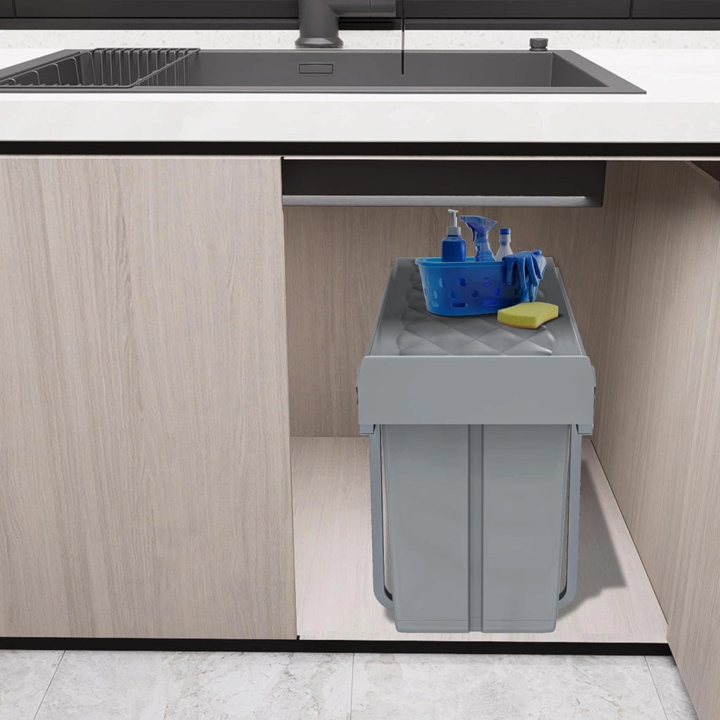 Pattumiera per cucina, 2 scomparti, estensibile, per cucina, armadio inferiore con guide telescopiche, sistema di separazione dei rifiuti, grigio, 1 x 20 L + 1 x 10 L