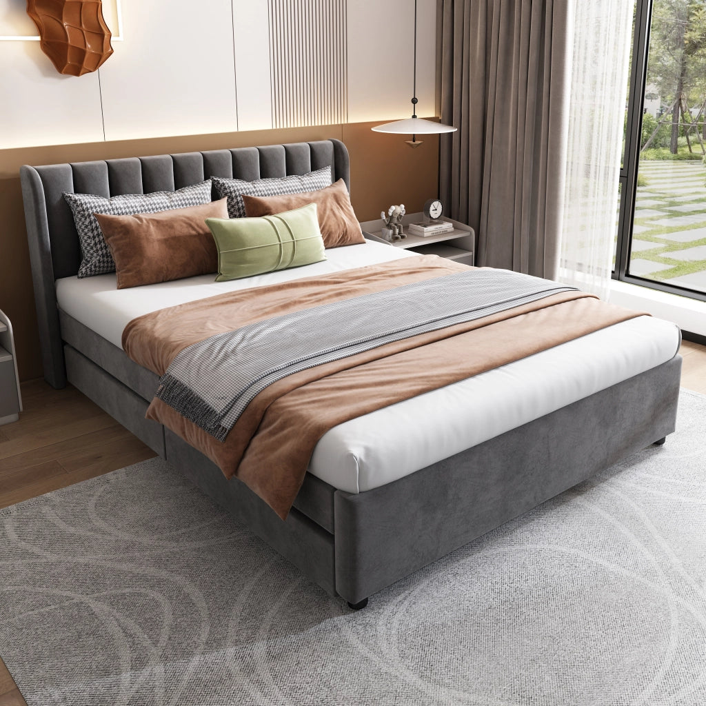 DESMIU Lit adulte 140 × 200 cm 2 posti con 2 cassetti contenitore e testiera, senza materasso, in velluto grigio