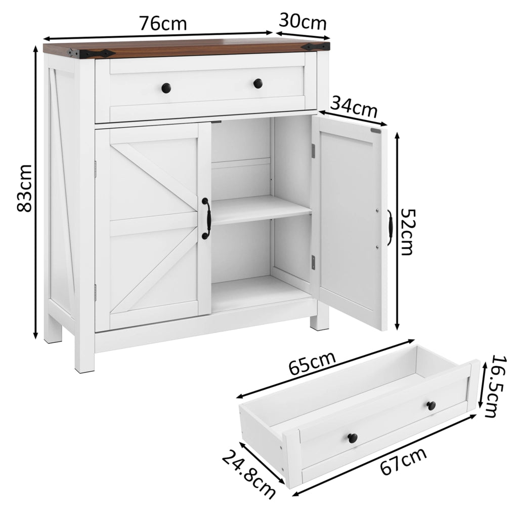 Credenza contenitore 76x30x83 cm in MDF bianco， stile rustico， per cucina e ingresso