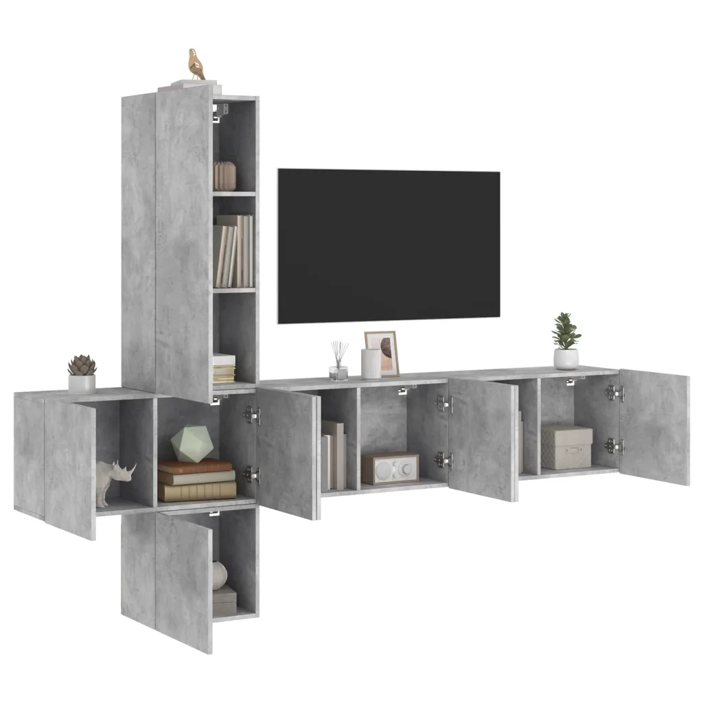 Mobili TV a Muro con LED 5pz Grigio Cemento Legno Multistrato 3216460