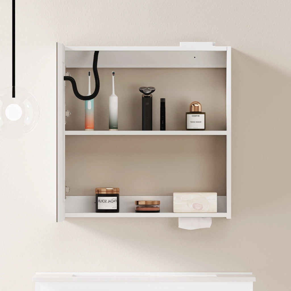 Armadio a specchio LED da parete in MDF e vetro; bianco
