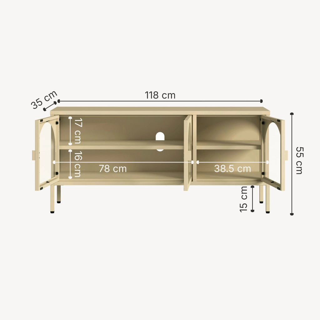 Vetrina Bassa Klippestad a 3 Ante in Vetro Credenza con 4 Scomparti 118 x 35 x 55 cm - Color Cammello [en.casa]