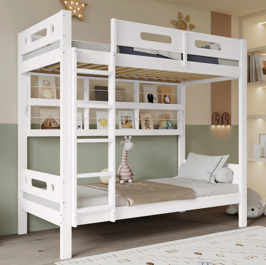 Letto a castello 90x200 cm con libreria aperta e scala a 5 gradini in legno e MDF bianco e naturale