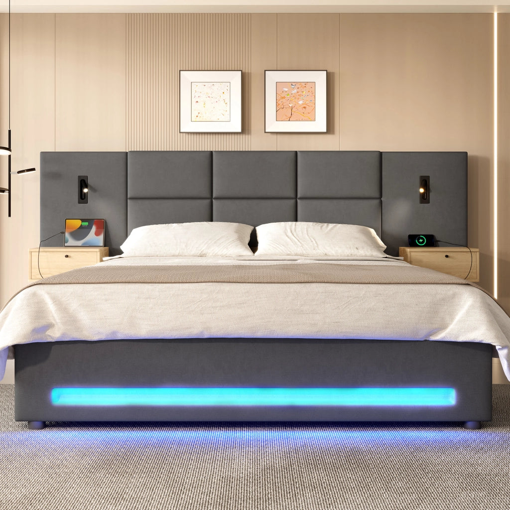 LETTO Contenitore 180x200 cm in velluto grigio scuro con USB-C e LED