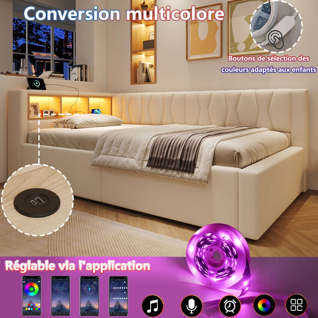 Letto contenitore 90x200 cm con LED dimmerabile; testiera con ripiano e prese USB; beige