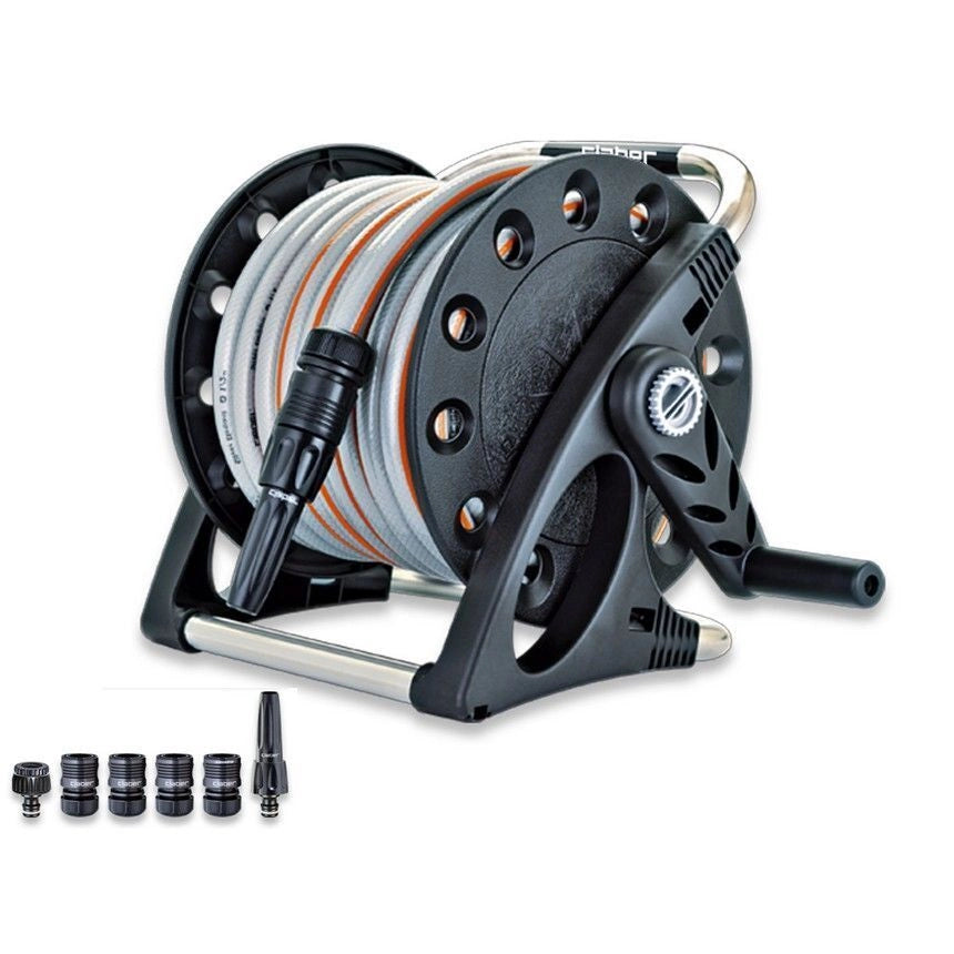 Claber 8884 Aquapony Avvolgitubo da Parete Kit 15 m tubo 1-2'' 4 raccordi automatici Aquastop lanciaspruzzo