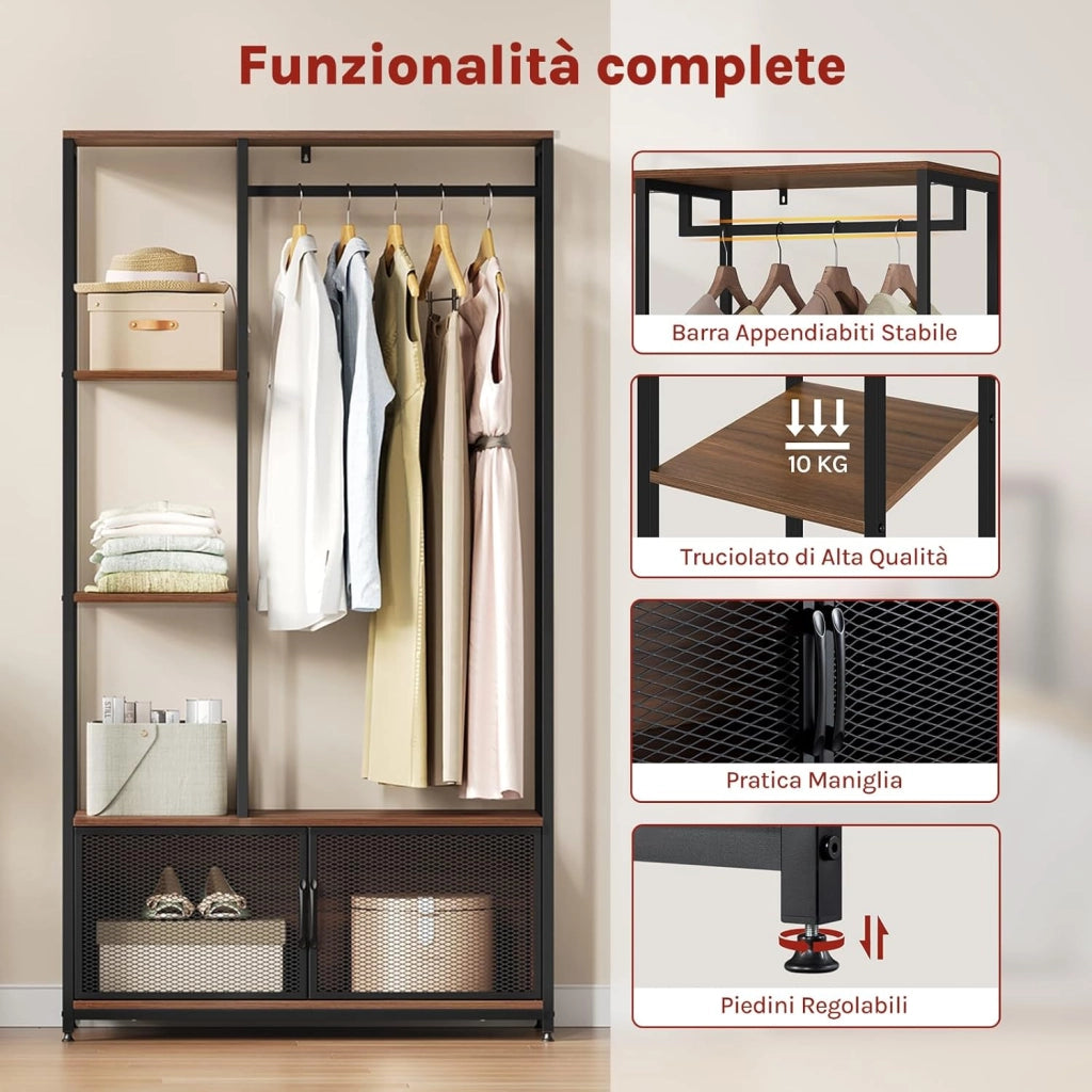 Stand Appendiabiti con Multi Scaffali Laterali e Armadietto Guardaroba Scaffale Porta Abiti in Legno e Metallo, Faggio Scuro