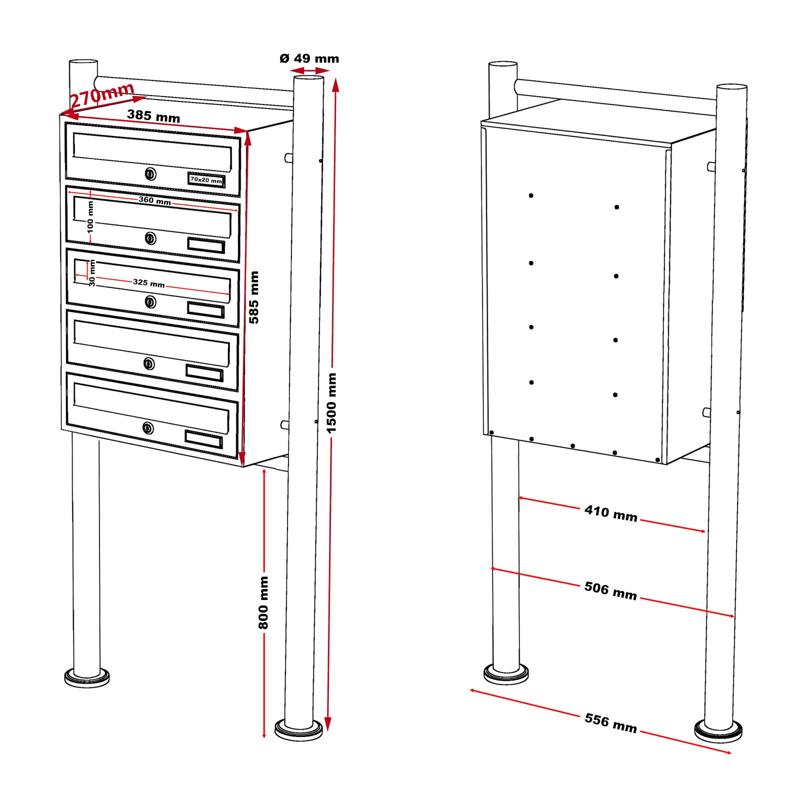 Cassetta postale condominiale autoportante 5 posti, acciaio inox, 1 modulo, 556 x 270 x 1500 mm
