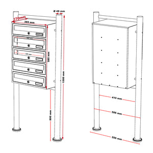 Cassetta postale condominiale autoportante 5 posti, acciaio inox, 1 modulo, 556 x 270 x 1500 mm