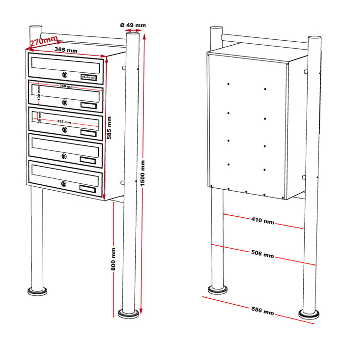 Cassetta postale condominiale autoportante 5 posti, acciaio inox, 1 modulo, 556 x 270 x 1500 mm