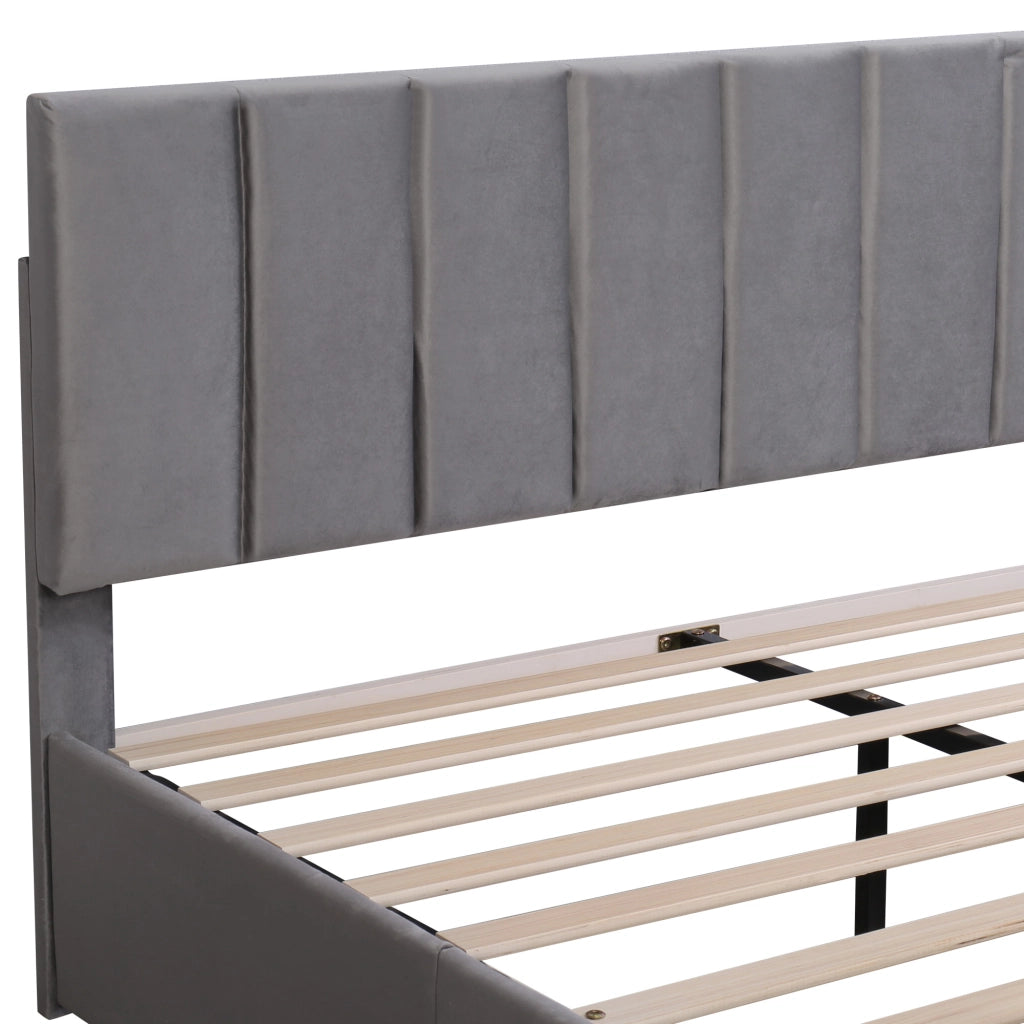 OKWISH Letto con Cassetti 160×200 cm, Letto Matrimoniale con 4 Cassetti, Testiera Regolabile e Rete, senza Materasso, Velluto, Grigio