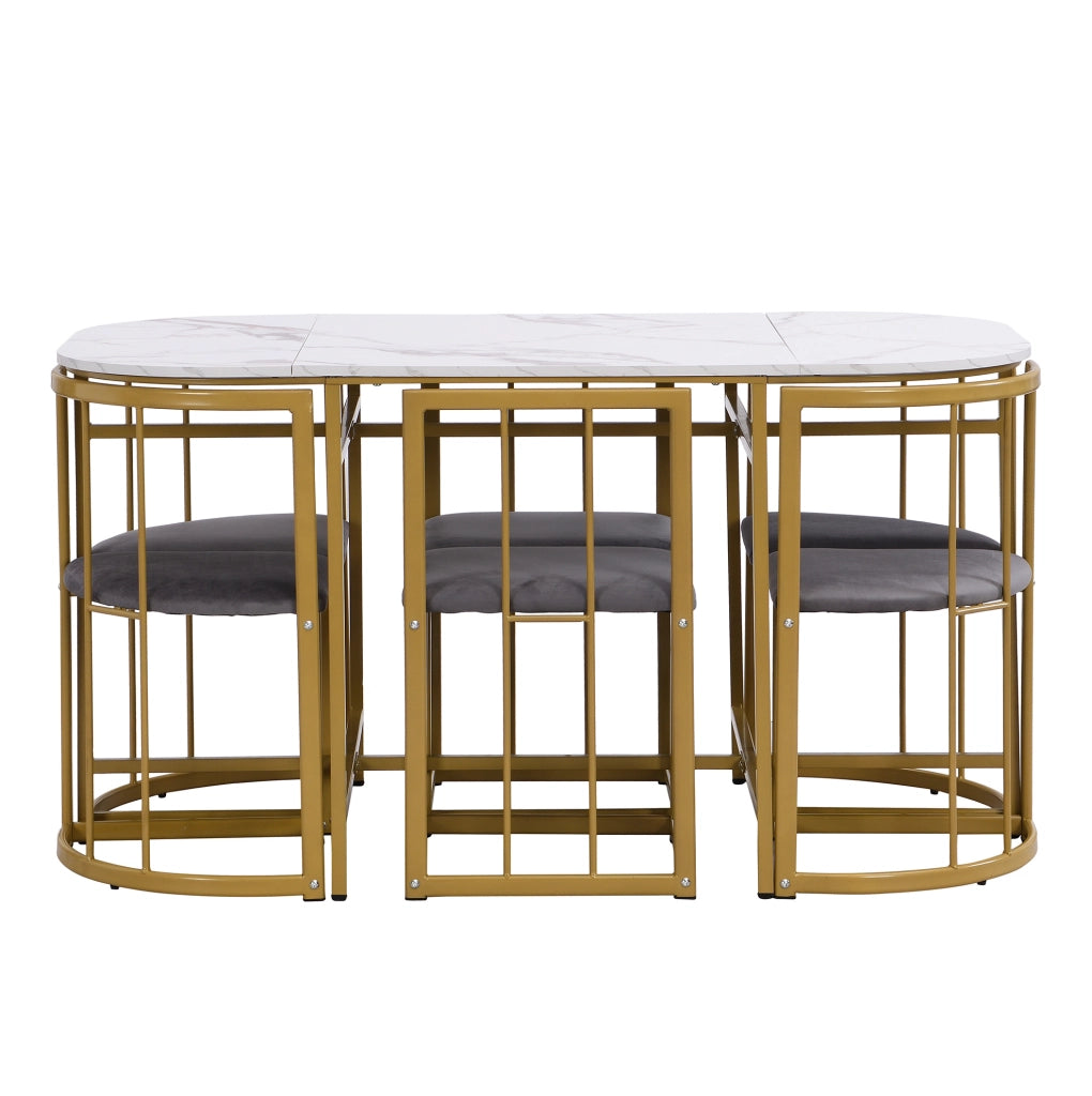 Set tavolo da pranzo; 6 sedie; struttura in ferro dorato; MDF; oro