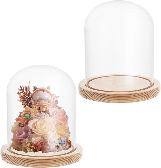 Stantuffa in vetro con base in legno - Decorazione per bambole e candele - 16 cm alto - 12 cm di diametro