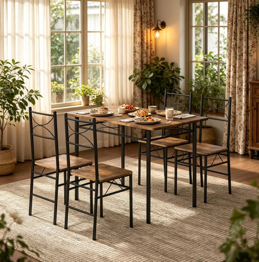 Set da pranzo rustico con tavolo e 4 sedie in MDF e ferro