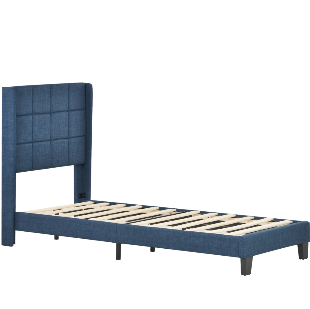 Letto singolo imbottito 90x200 cm con rete e materasso; testiera alta in lino blu
