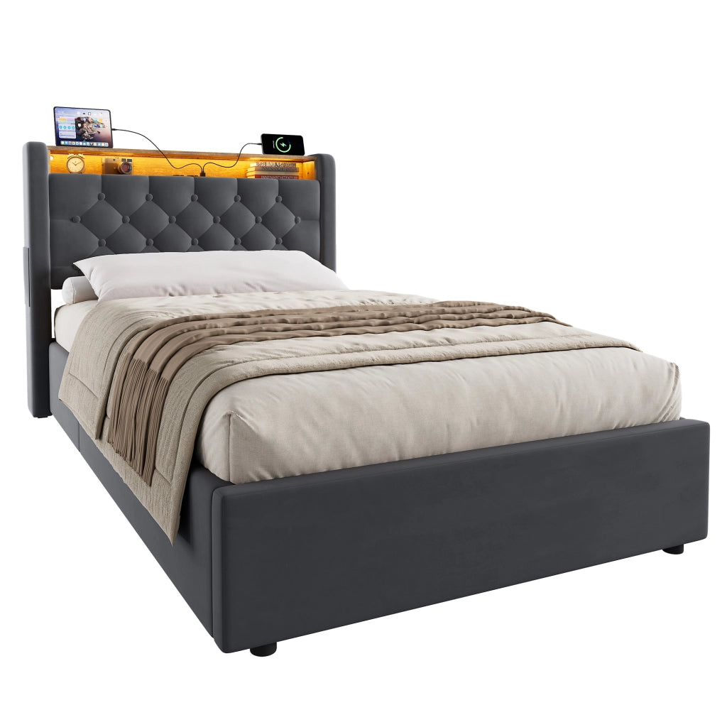 Letto imbottito grigio 90x200 cm con contenitore idraulico, LED e porte USB-A e USB-C