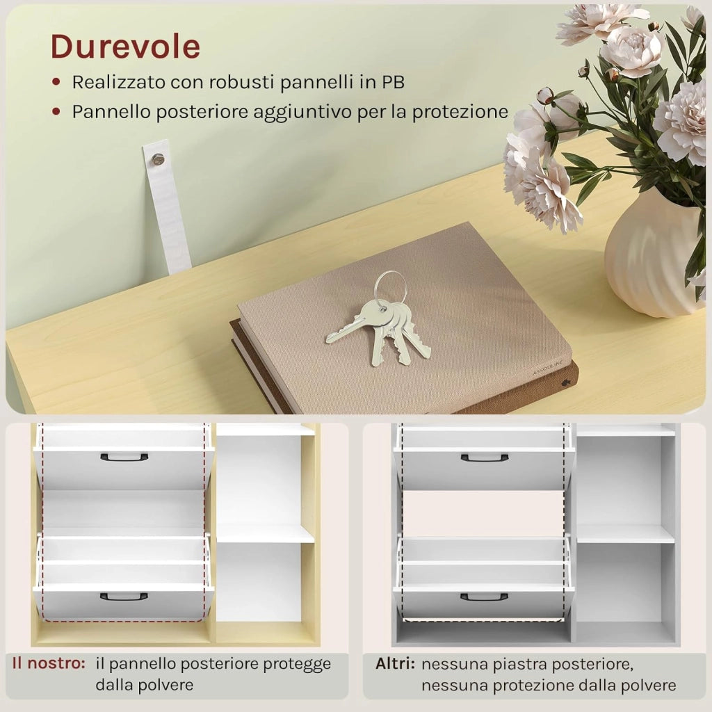 Scarpiera a Ribalta, Scarpiera da ingresso con Ripiani Aperti, Porta Scarpe con Cassetto, Organizer per Scarpe, Stivali, Bianco + legno naturale, 80x30x90cm