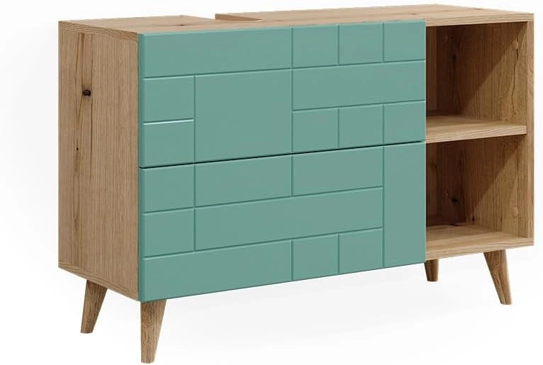 Mobile sottolavabo per bagno Rudi, Verde menta, 90 x 59 cm con 2 cassetti, con meccanismo push-to-open e struttura combinabile