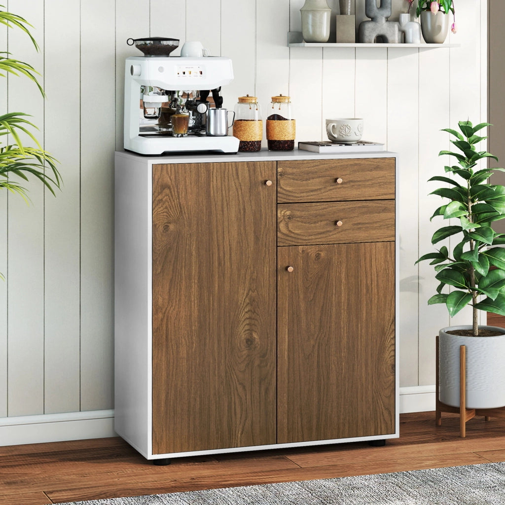 Credenza buffet cucina 2 cassetti 2 ante 3 ripiani regolabili, Armadietto bar caff¨¨ organizzatore moderno rustico pranzo soggiorno ingresso Marrone