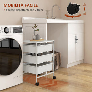 Carrello Multiuso con 3 Cestini Estraibili e Ruote 40,8x33,5x60,5 cm in Acciaio e PP Bianco