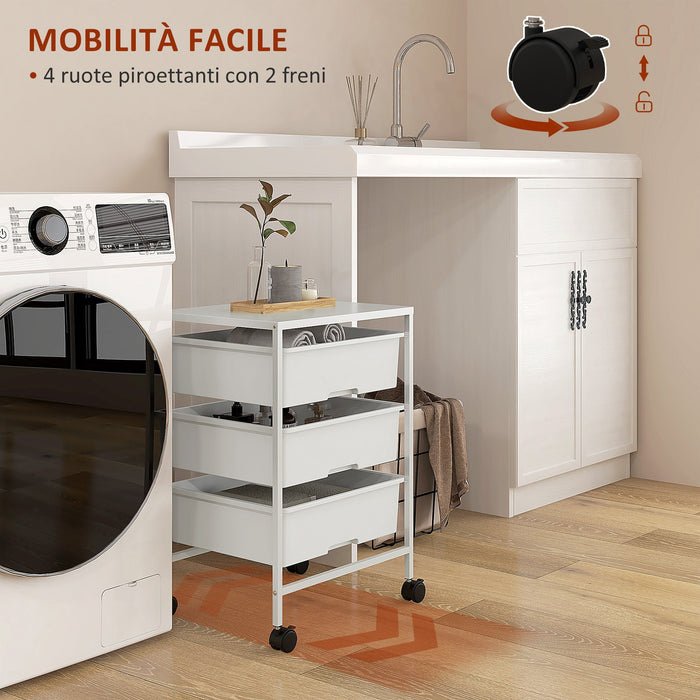 Carrello Multiuso con 3 Cestini Estraibili e Ruote 40,8x33,5x60,5 cm in Acciaio e PP Bianco