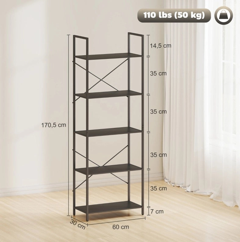 Libreria a 5 ripiani in metallo nero 60x30x170,5 cm