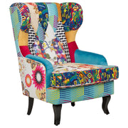 Poltrona Wingback Poltrona Patchwork Tessuto Multicolore base blu Gambe in Legno capitonné