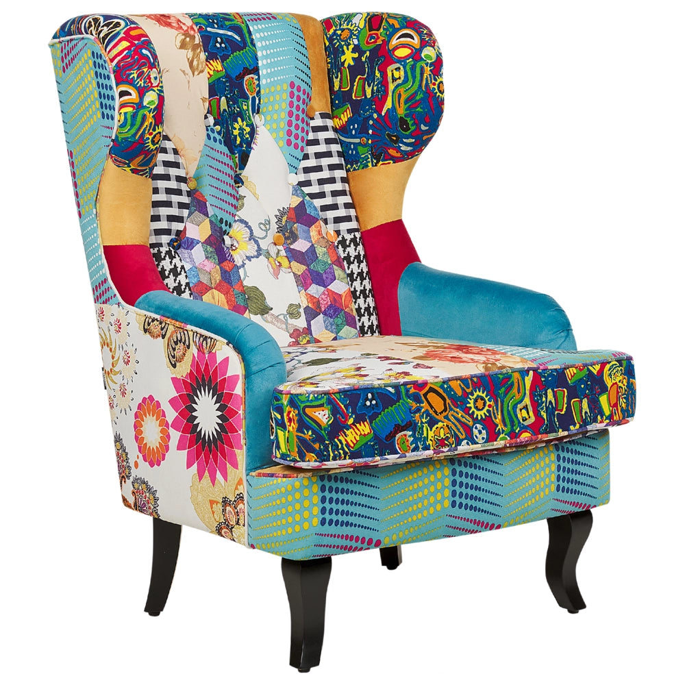 Poltrona Wingback Poltrona Patchwork Tessuto Multicolore base blu Gambe in Legno capitonné