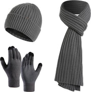 Set invernale unisex 3 pezzi con cappello, sciarpa, guanti touchscreen caldi, calore invernale denso per campeggio, escursioni, bicicletta, sci - grigio - 38*28*4