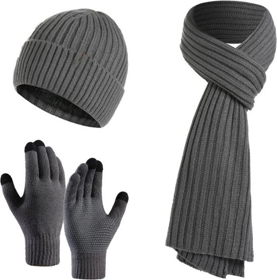 Set invernale unisex 3 pezzi con cappello, sciarpa, guanti touchscreen caldi, calore invernale denso per campeggio, escursioni, bicicletta, sci - grigio - 38*28*4