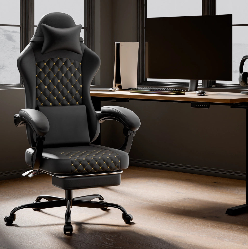 Sedia gaming ergonomica nera con poggiapiedi estraibile