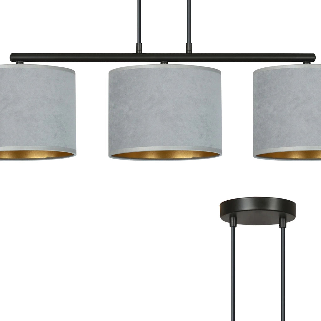 Lampadario 3 Luci Ganesha In Acciaio Nero E Paralumi In Tessuto Grigio