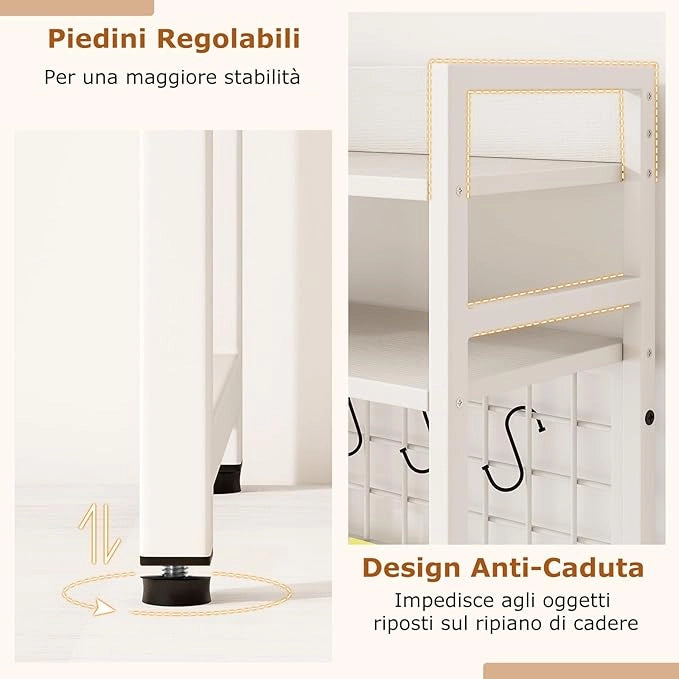 Mensola da Scrivania, Scaffale Espositivo a 4 Ripiani con Pannello a Griglia Metallica e 6 Ganci, Organizzatore da Scrivania per Computer, per Ufficio Casa Dormitorio, 94x25x73,5 cm (Bianco)