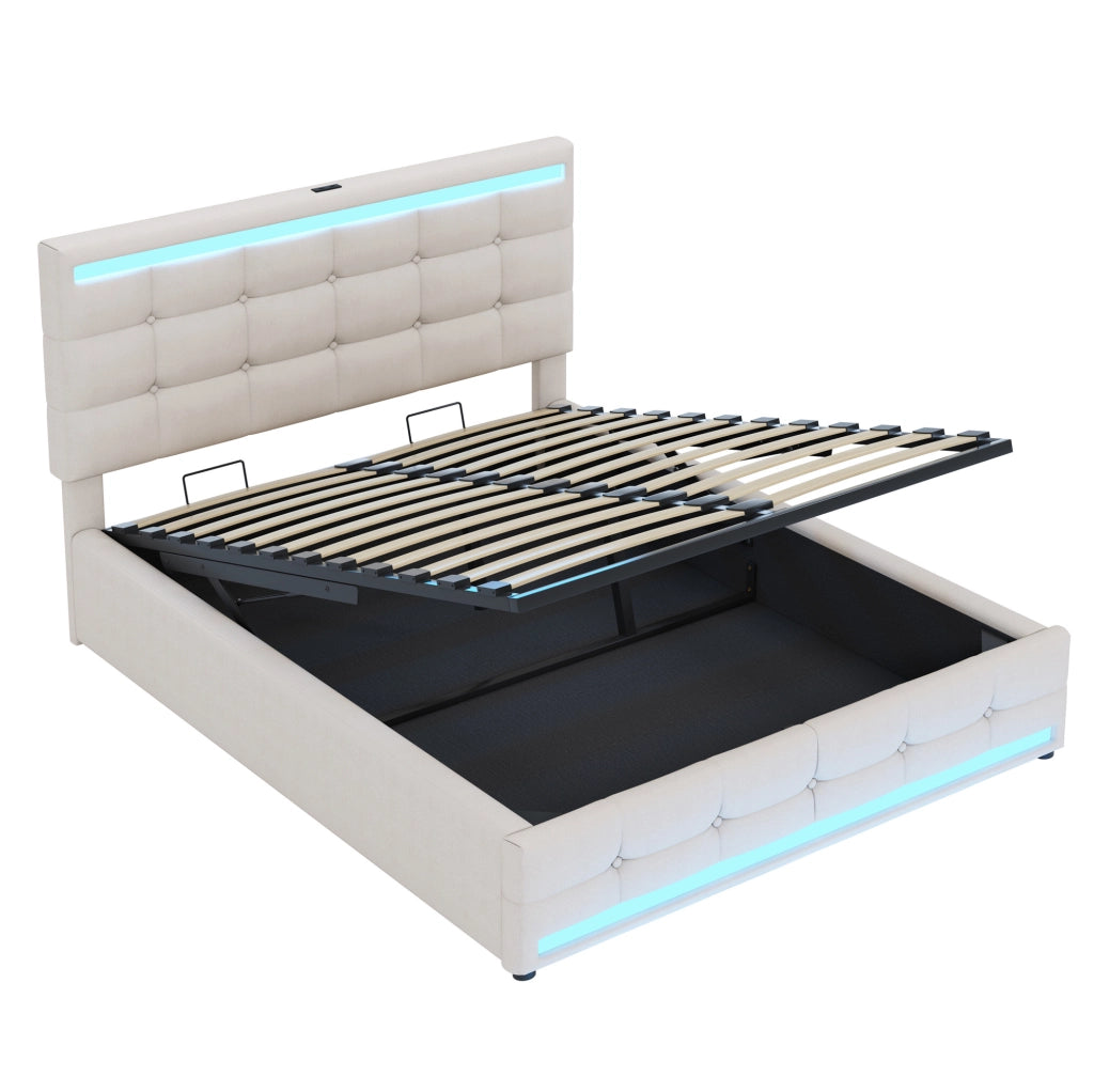 Letto matrimoniale 140x200 cm imbottito con LED, 2 porte USB e contenitore beige