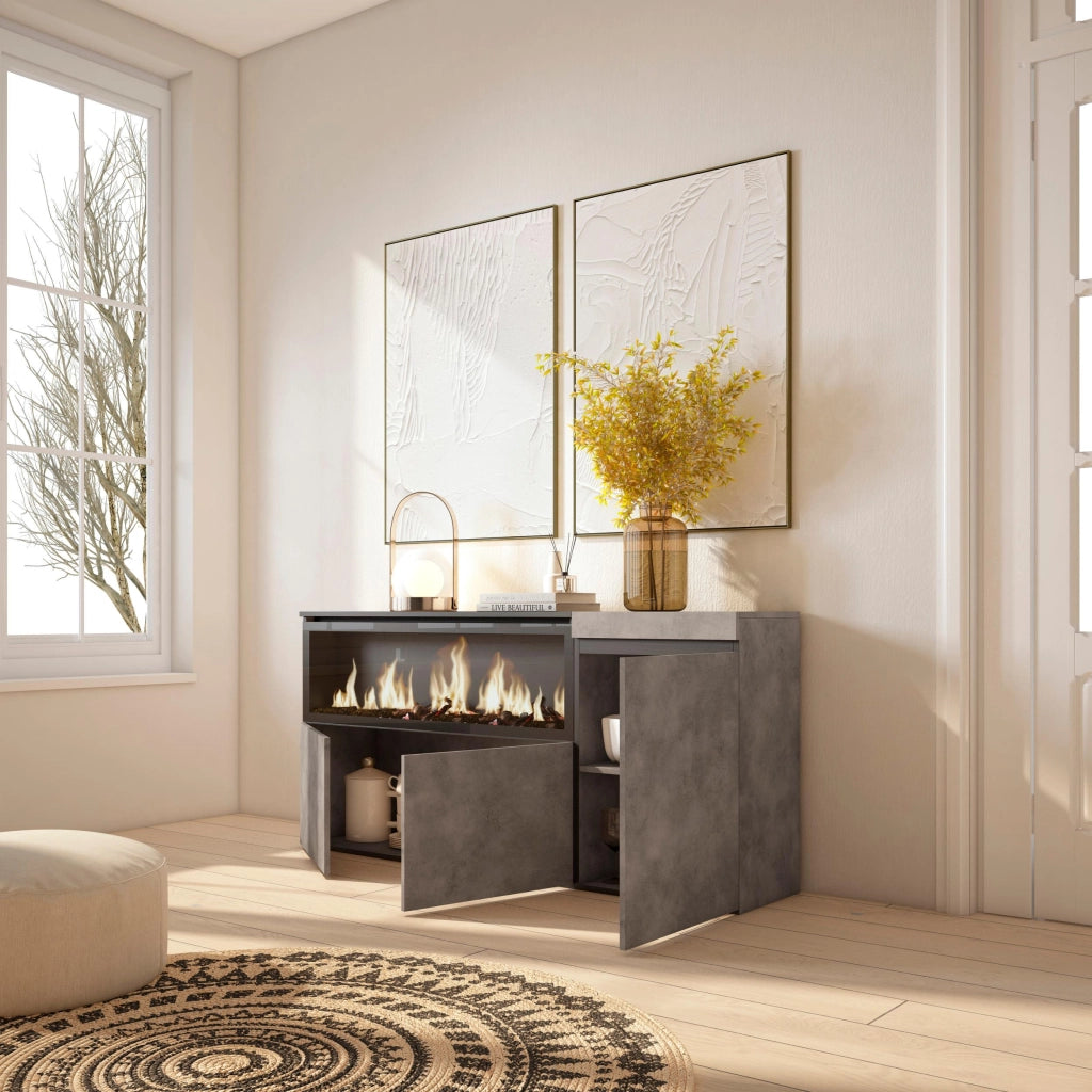 Credenza, Mobile, 158x35x75cm, 3 Porte, Camino elettrico XXL, grigio cemento RF3286