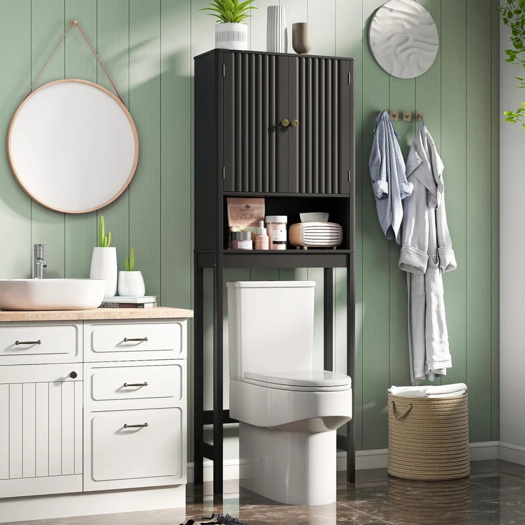 Mensola WC con ripiani regolabili, armadietto WC con 2 ante e ripiano aperto, 60 × 23 × 168 cm, salvaspazio per bagno e lavanderia (nero)