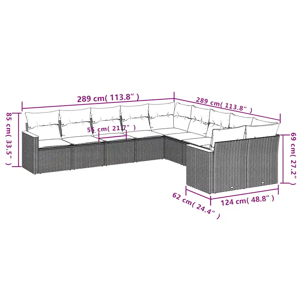 Set Divani da Giardino 10 pz con Cuscini Grigio in Polyrattan 3226355