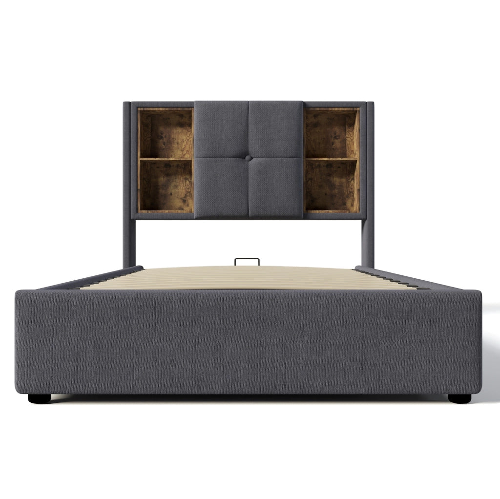 Letto singolo 90x200 cm con contenitore; ricarica wireless e porta USB C; cotone grigio