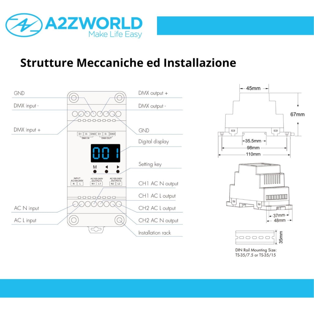 Dimmer DMX512 AC Triac 2 Canali, 100-240V AC, 2x1.5A, RDM, Phase-Cut
