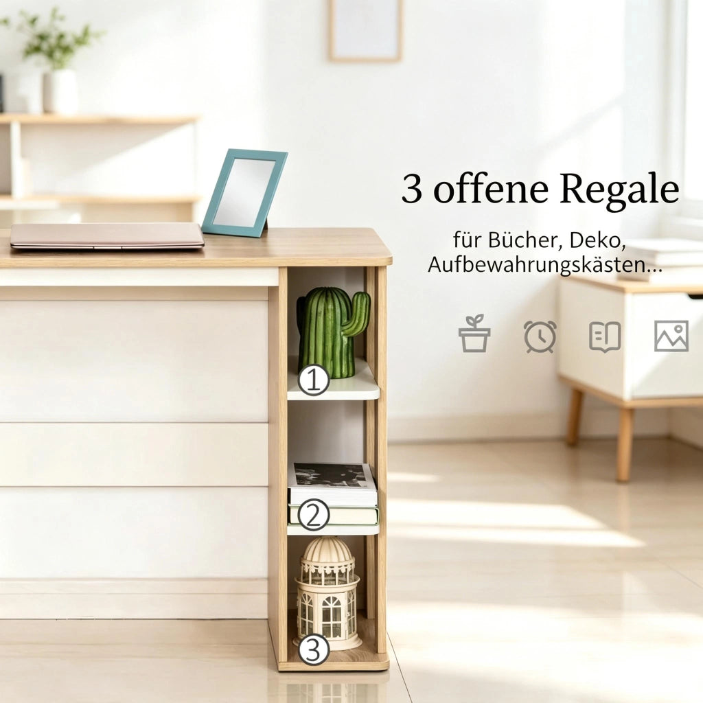 Scrivania lineare con ripiano, in truciolato, bianco e rovere chiaro, per camera da letto e ufficio, 100 × 44 × 74 cm