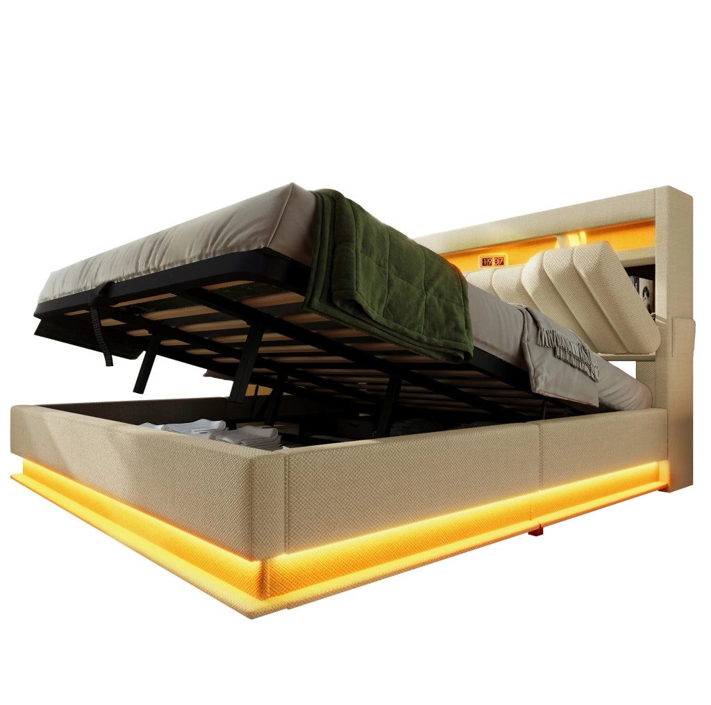 Letto matrimoniale 140x190 cm con contenitore; testiera con USB e Type-C; LED; beige in lino