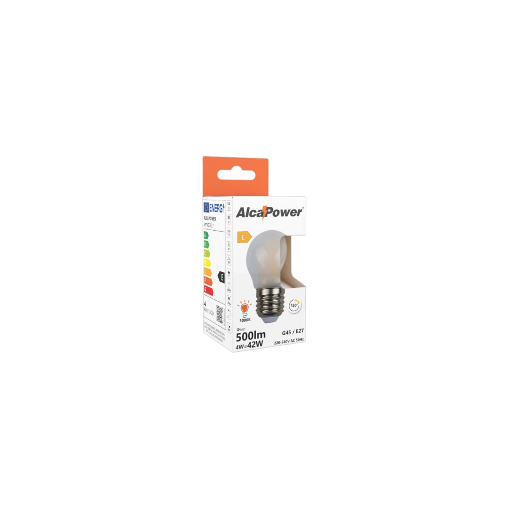 Alcapower Lampadina LED Minisfera G45 attacco E27 4W 500lm luce calda 3000K vetro frost ideale per illuminazione domestica e decorativa efficiente