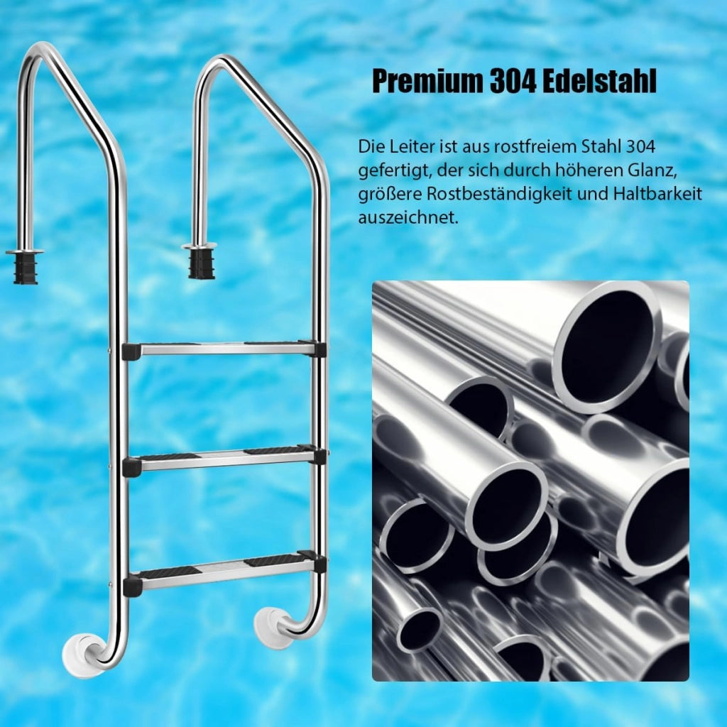 Scaletta Telescopica in Acciaio Inossidabile, Scaletta Piscina Fuori Terra a 3 Scalini Antiscivolo, Portata Fino a 150 KG, Scala per Piscina, Barca, Ponti, Pontile Galleggiante, 53 X 63 X 147 CM