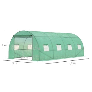 Serra a tunnel begehbar 590 x 300 x 200 cm con struttura in acciaio, copertura in plastica, porta con zip e finestre